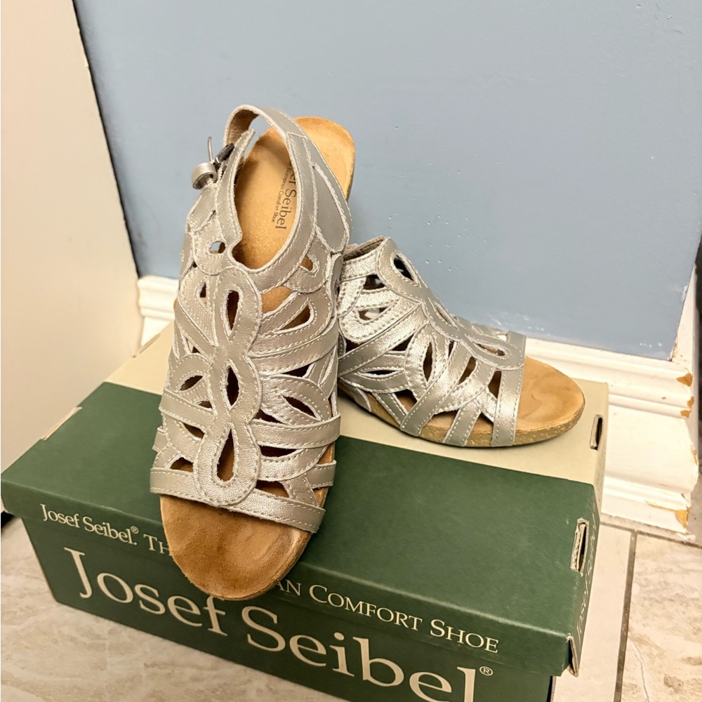 Josef Seibel Metallic Silver Cutout Leather Wedge Sandals
